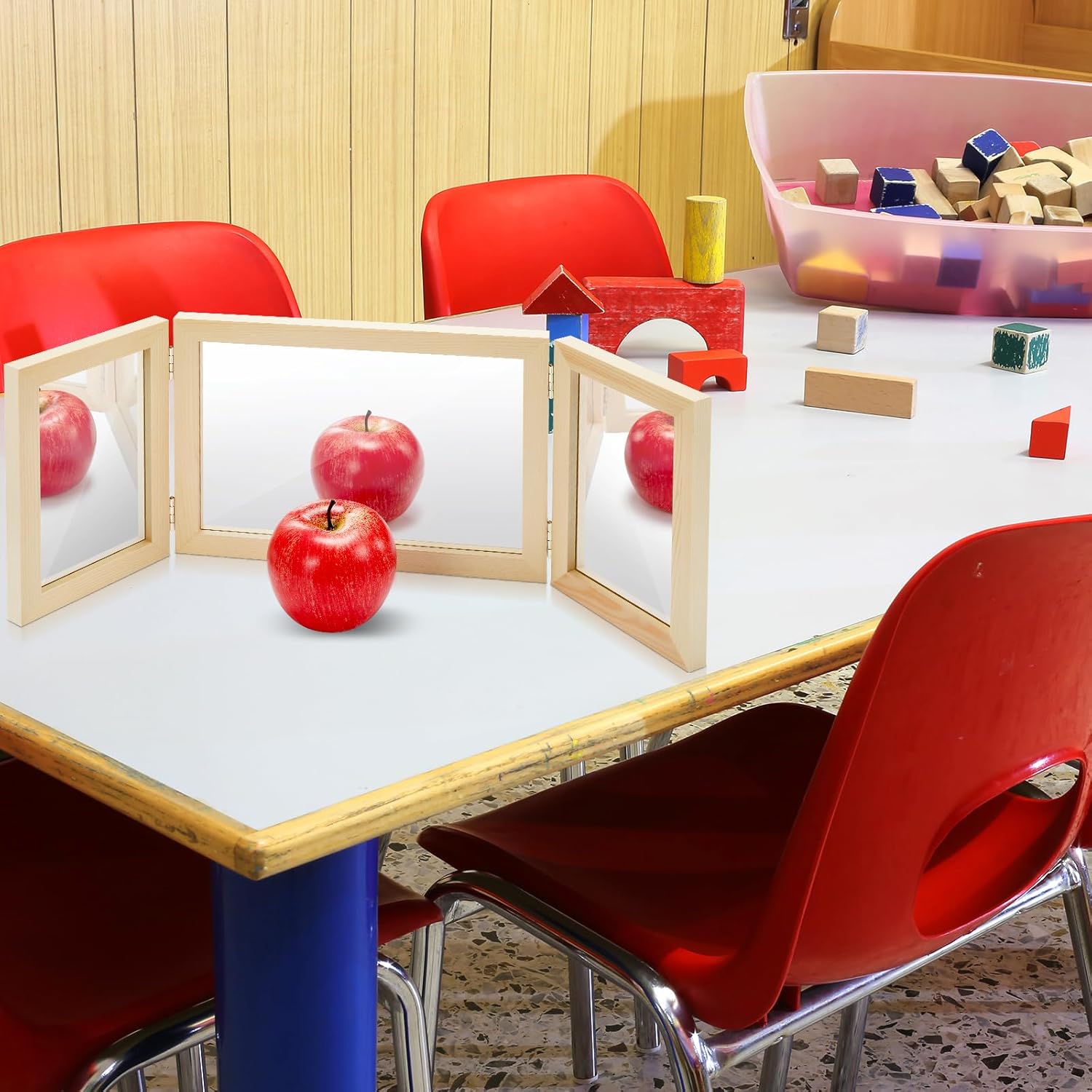 Threehoney Montessori & Reggio Sensory Tri-fold Mirror Early Classroom Observation Area Light and Shadow Play Multi-Dimensional Angle Observation Suitable for Light Table School Supply
