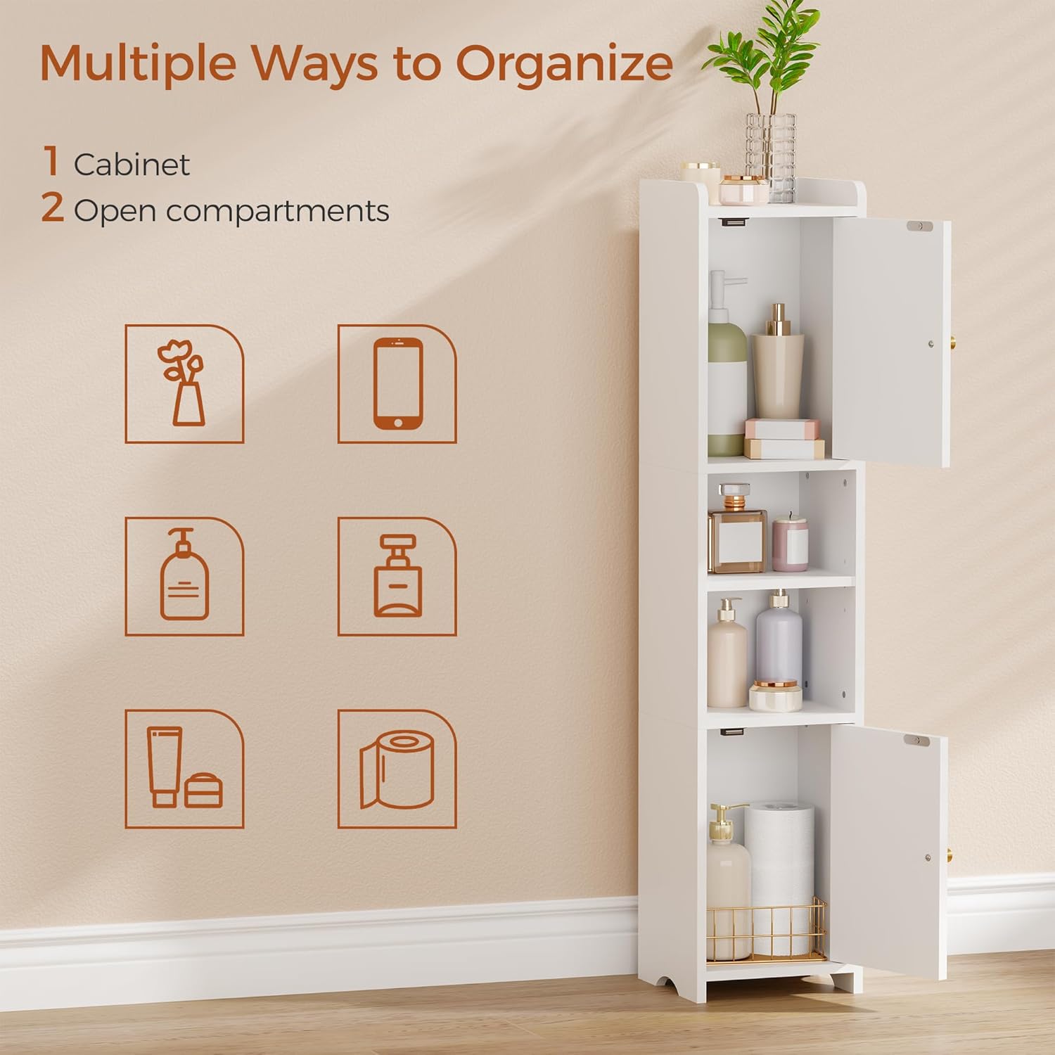 ANWBROAD Slim Bathroom Storage Cabinet Corner Narrow Cabinet with 2 Doors and Adjustable Shelf Freestanding Small Bathroom Organizers and Storage for Small Spaces, Kitchen, Living Room White USBC011W