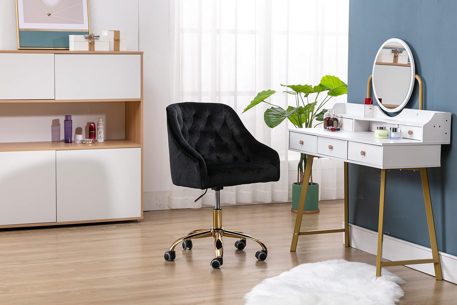 Comfy Home Office Task Chair with Wheels, Cute Modern Upholstered Velvet Seashell Back Adjustable Swivel Vanity Desk Chair, for Women, for Kids, for Girls, Living Room, Bedroom (Black)