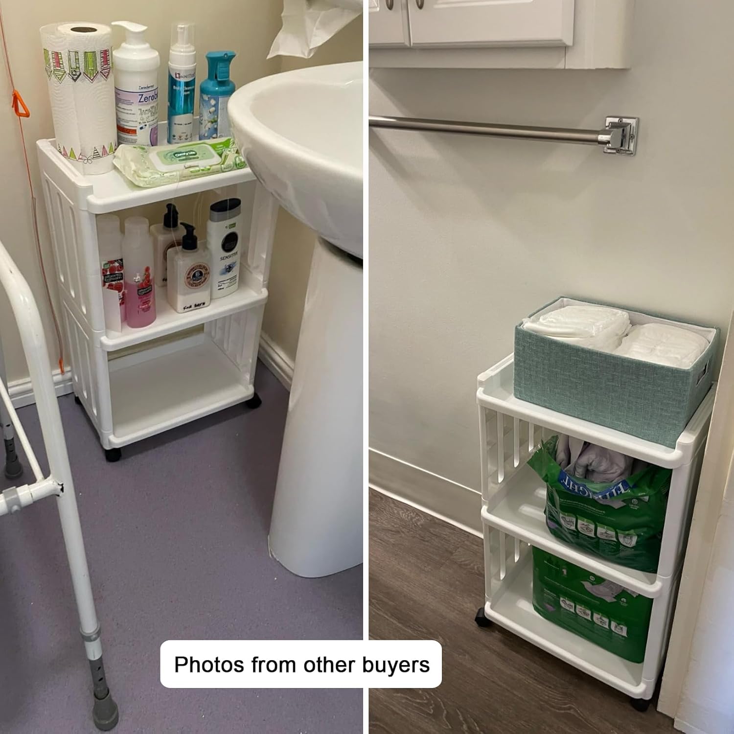 Rolling Storage Utility Cart Slim Organizer Shelf with Wheels 3 Tier Narrow Places Mobile Shelving Unit Tower Rack for Kitchen Bathroom Laundry Room Home Office Bedroom Living Room Washroom, White