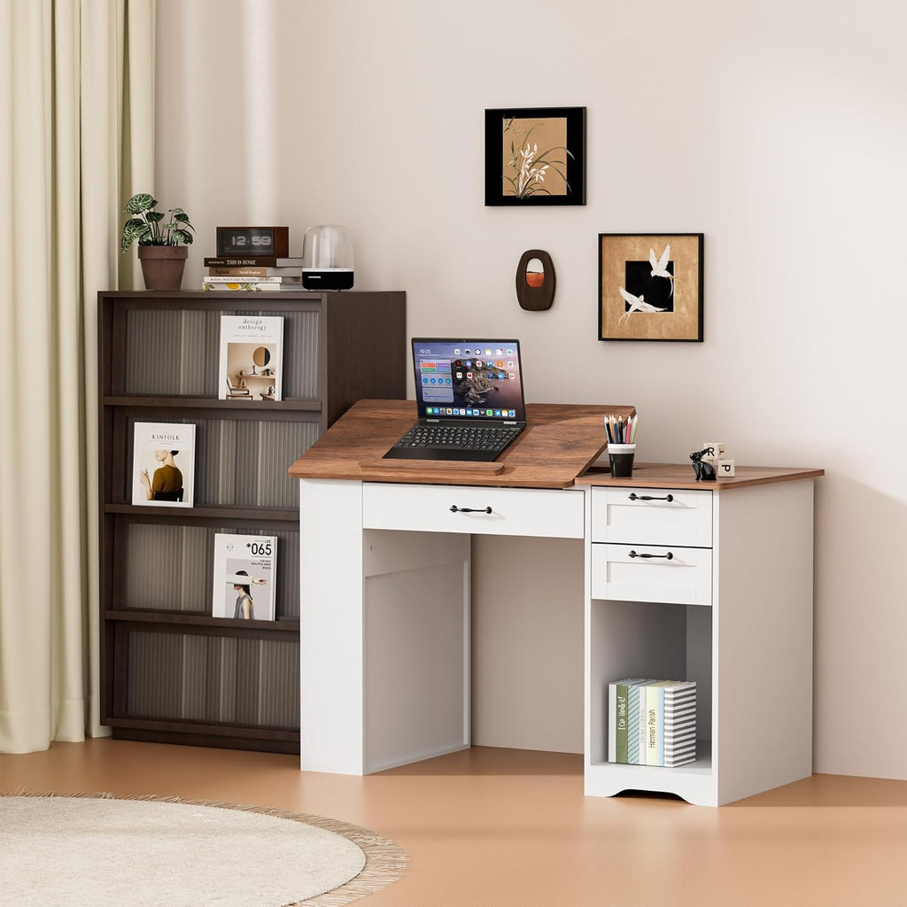 Drafting Table with Storage Cabinet & Drawers, Adjustable Drawing Table with Open Shelves, Craft Art Desk for Artists, Painters, Drawing, Crafting, Reading, Writing, Working