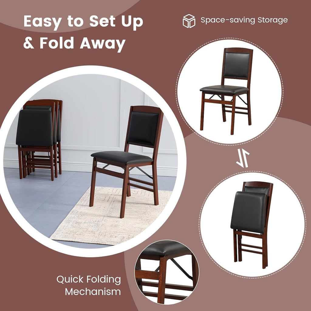 COSTWAY Solid Wood Folding Dining Chairs Set of 2 with Padded Seat, Brown | 400 LBS Load Bearing, No Assembly Needed, Upholstered PVC Leather Seat and Back, Vintage Foldable Chairs for Dining Room