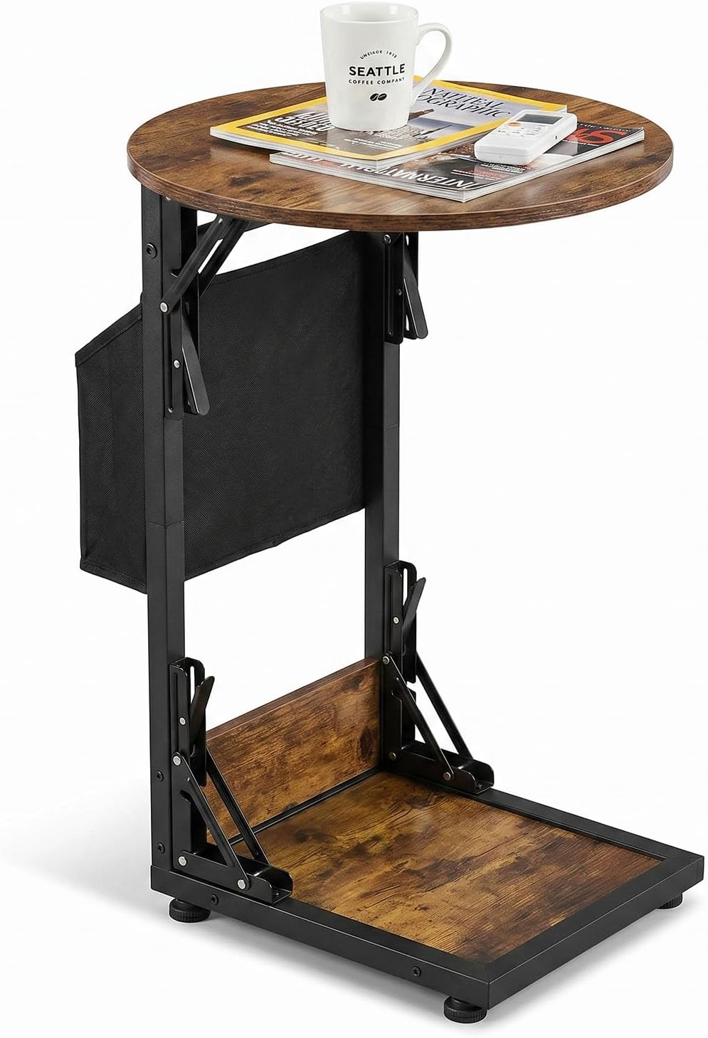 Foldable C Shaped End Table, 15.7" Round Couch Side Table with Storage Pocket, Slides Under Sofa, Heavy-Duty Steel Frame Holds 33 lb, TV Tray & Laptop Table, Rustic Brown/Black