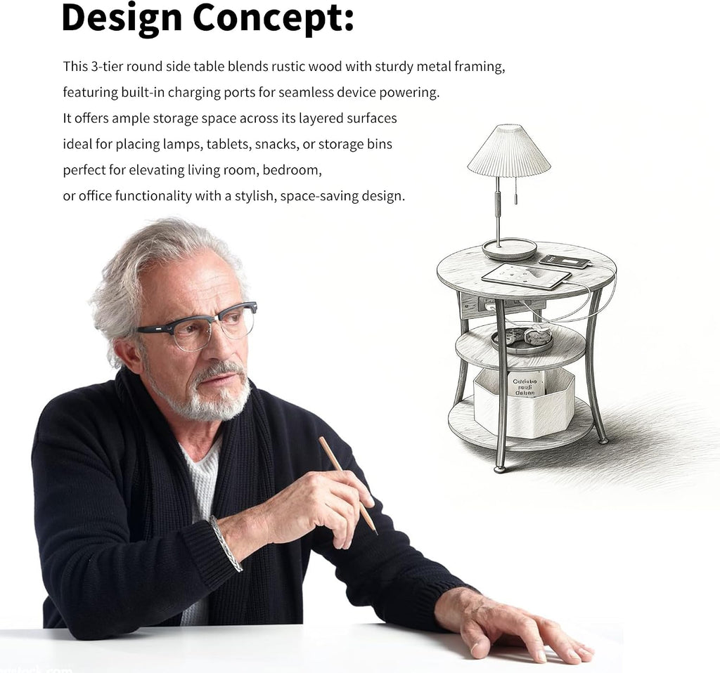 Side Table with Charging Station, End Nightstand with USB Ports and Outlet，3-Tier End Tables Living Room，for Living Room, Bedroom, Corners, and Office (Grey)