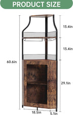 Garvee Corner Wine Rack Cabinet for Liquor Cabinet with Adjustable Shelves, 61 in Industrial Tall Bar Cabinet Freestanding with Mesh Door and Glass Holder for Kitchen, Rustic Brown