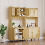 Garvee Rattan Pantry Cabinet, 71 in Kitchen Pantry with Microwave Stand, Freestanding Hutch with Drawers, Doors and Hooks, Boho Storage Cabinet for Dining Room, Kitchen, Living Room, Natural
