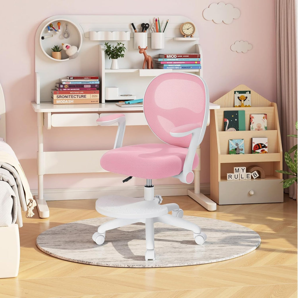 HOFFREE Kids Desk Chair Ergonomic Study Chair with Flipped Armrest and Footrest Adjustable Height Swivel Kids Computer Chair Mesh Desk Chair for Boys Girls Children at Home Bedroom Study Room Pink