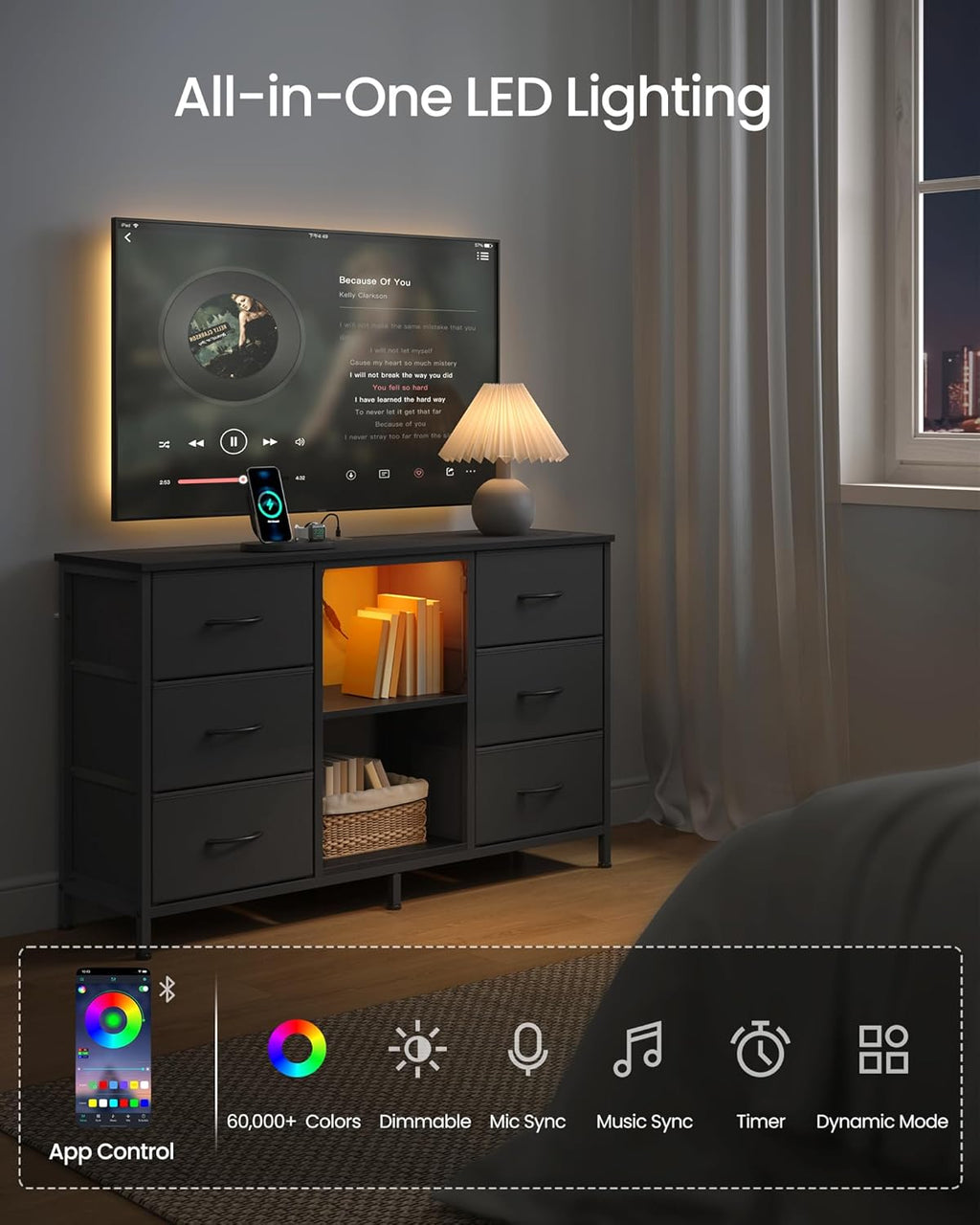 SONGMICS BELLAH Collection - TV Stand for TVs Up to 55 Inches, Dresser for Bedroom, Living Room, Chest of Drawers, Steel, 6 Drawers and 2 Shelves, Modern, Ink Black ULGS032B101S