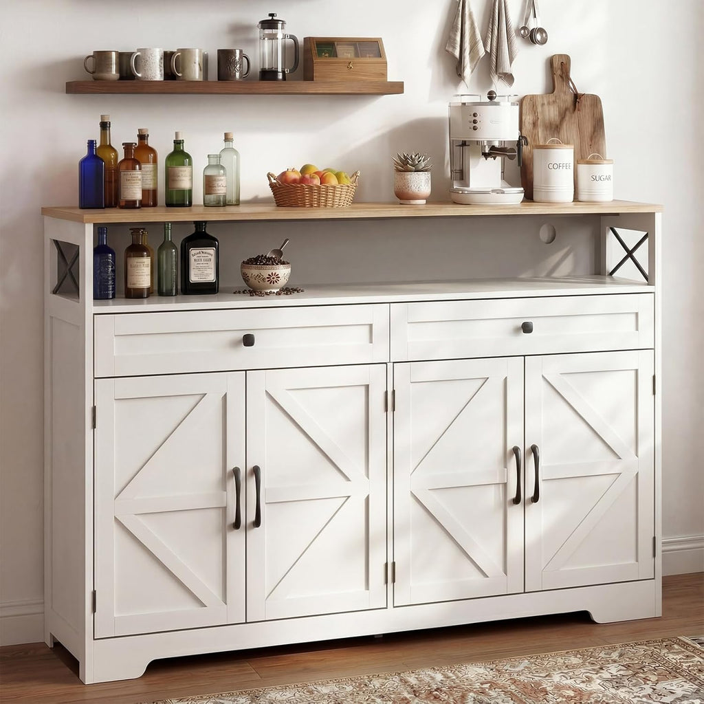 Lahomie Sideboard Buffet Cabinet with Storage, 47" Kitchen Buffet Cabinet with Charging Station, Farmhouse Coffee Bar Station with Drawers and Doors, Credenza for Kitchen Living Room Entryway, White
