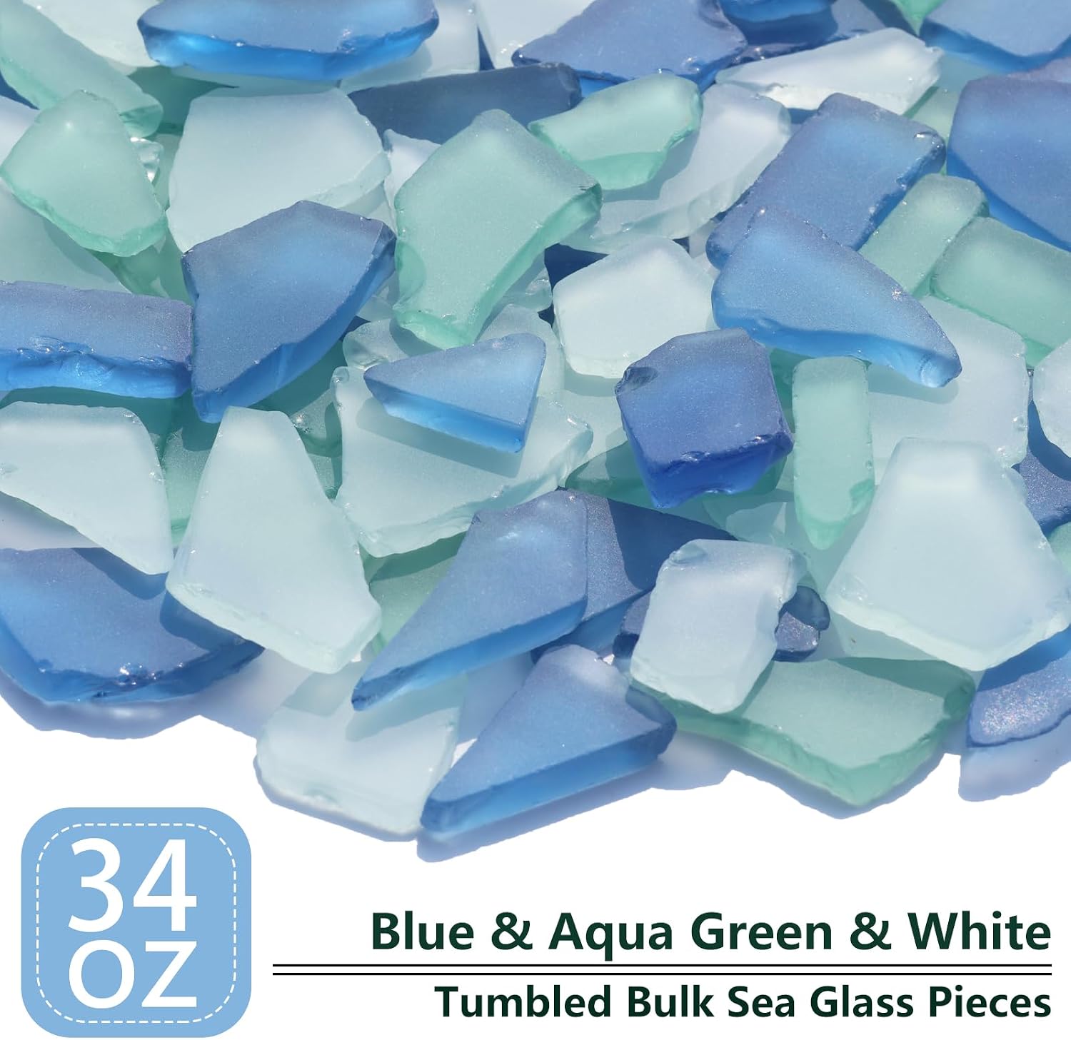Sea Glass for Crafts - 34oz Frosted Seaglass Pieces - Vase Filler and Aquarium Ornament, DIY Craft Supplies for Art, Beach Weddings, and Home Decor (Blue, Aqua Green, White)