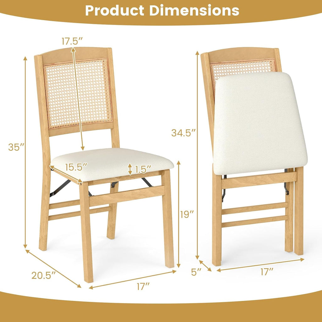 HAPPYGRILL Folding Dining Chairs Set of 2, Wood Kitchen Chair with Rattan Backrest & Padded Seat, Foldable Armless Side Chairs Set for Dining Room, Living Room, No Assembly (2, Natural & Beige)