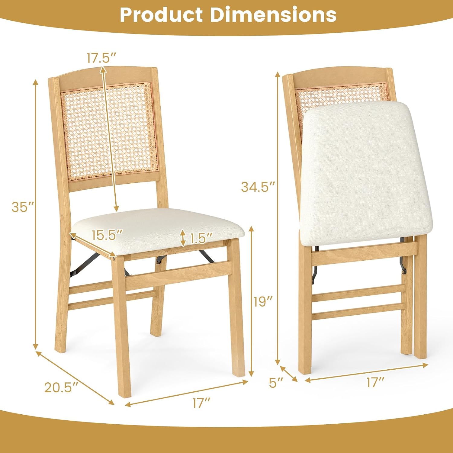 HAPPYGRILL Folding Dining Chairs Set of 2, Wood Kitchen Chair with Rattan Backrest & Padded Seat, Foldable Armless Side Chairs Set for Dining Room, Living Room, No Assembly (2, Natural & Beige)