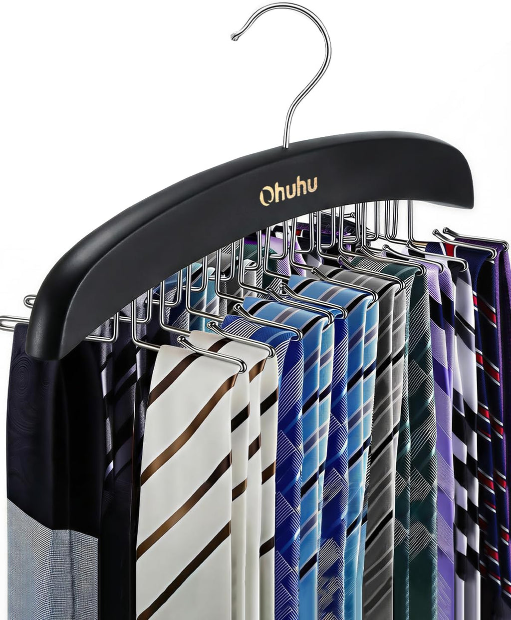 Ohuhu 24-Hook Wooden Tie Rack Organizer - Space Saving Closet Hanger with 360° Rotating Hooks, Anti-Slip Clips for Ties, Belts, Scarves - Premium Hardwood & Rustproof Steel Construction-Black