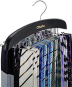 Ohuhu 24-Hook Wooden Tie Rack Organizer - Space Saving Closet Hanger with 360° Rotating Hooks, Anti-Slip Clips for Ties, Belts, Scarves - Premium Hardwood & Rustproof Steel Construction-Black