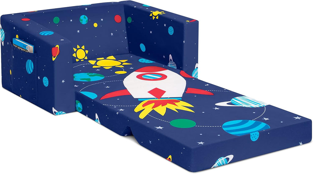 Delta Children Cozee Kids Couch 2-Seater Kids Sofa, Convertible 2-in-1 Flip Open Toddler Couch Sleeper, Foam Chair for Playroom & Bedroom, Bed Lounger, Comfy Play Sleeping Lounge Chair, Space Theme