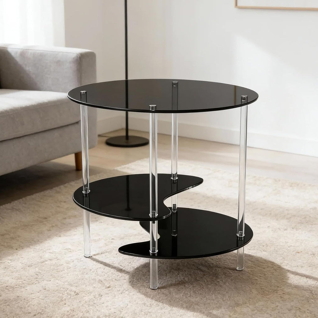 Acrylic Side Table 3 Tier Small End Table Furniture with 3 Storage Shelves NightStand Drink Desk for Couch Laundry Entryway, Black