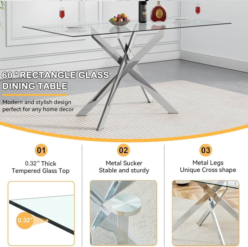 7 Piece Glass Dining Table Set, Glass Kitchen Dining Room Table Set for 6, 61" Modern Rectangular Silver Glass Metal Dining Table with 6 White PU Leather Dining Chairs for Kitchen Dining Room