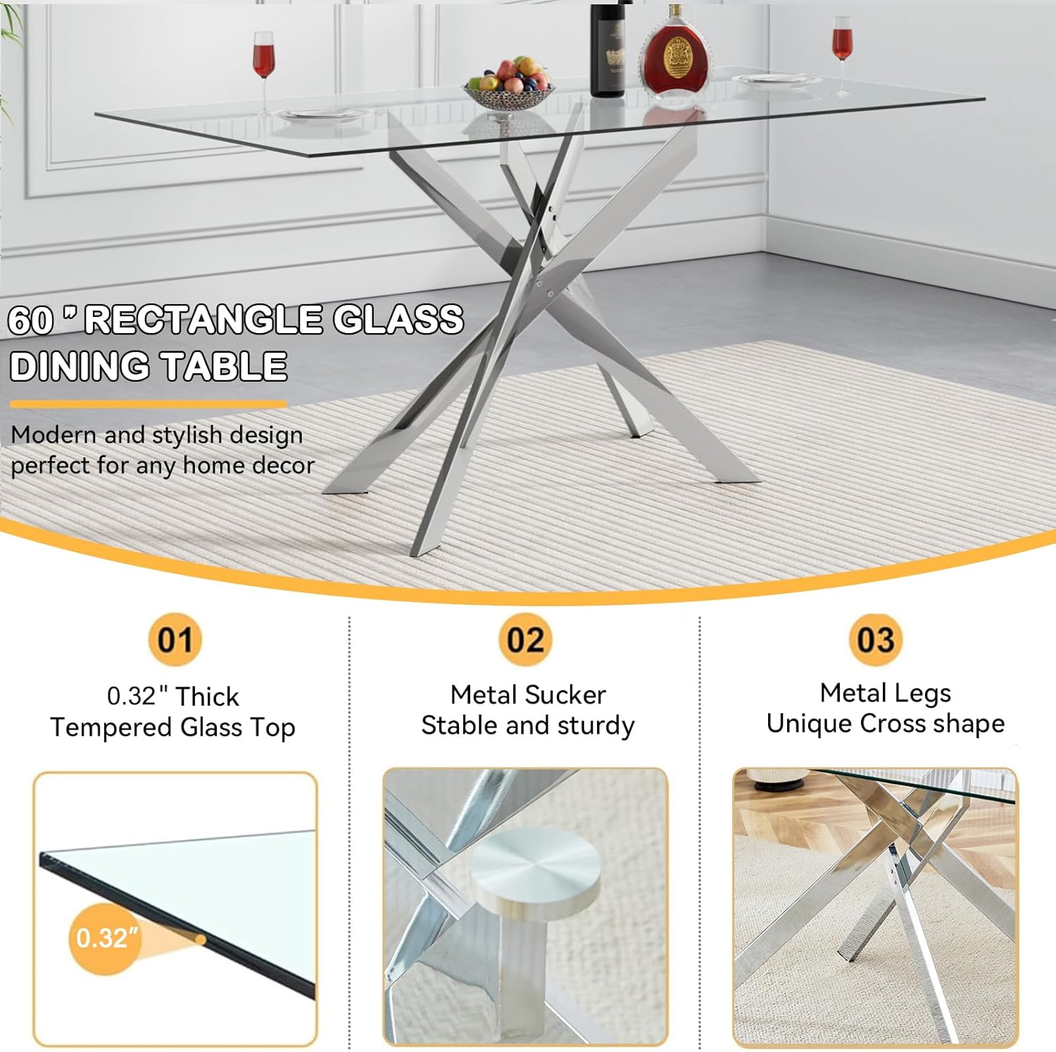 7 Piece Glass Dining Table Set, Glass Kitchen Dining Room Table Set for 6, 61" Modern Rectangular Silver Glass Metal Dining Table with 6 White PU Leather Dining Chairs for Kitchen Dining Room
