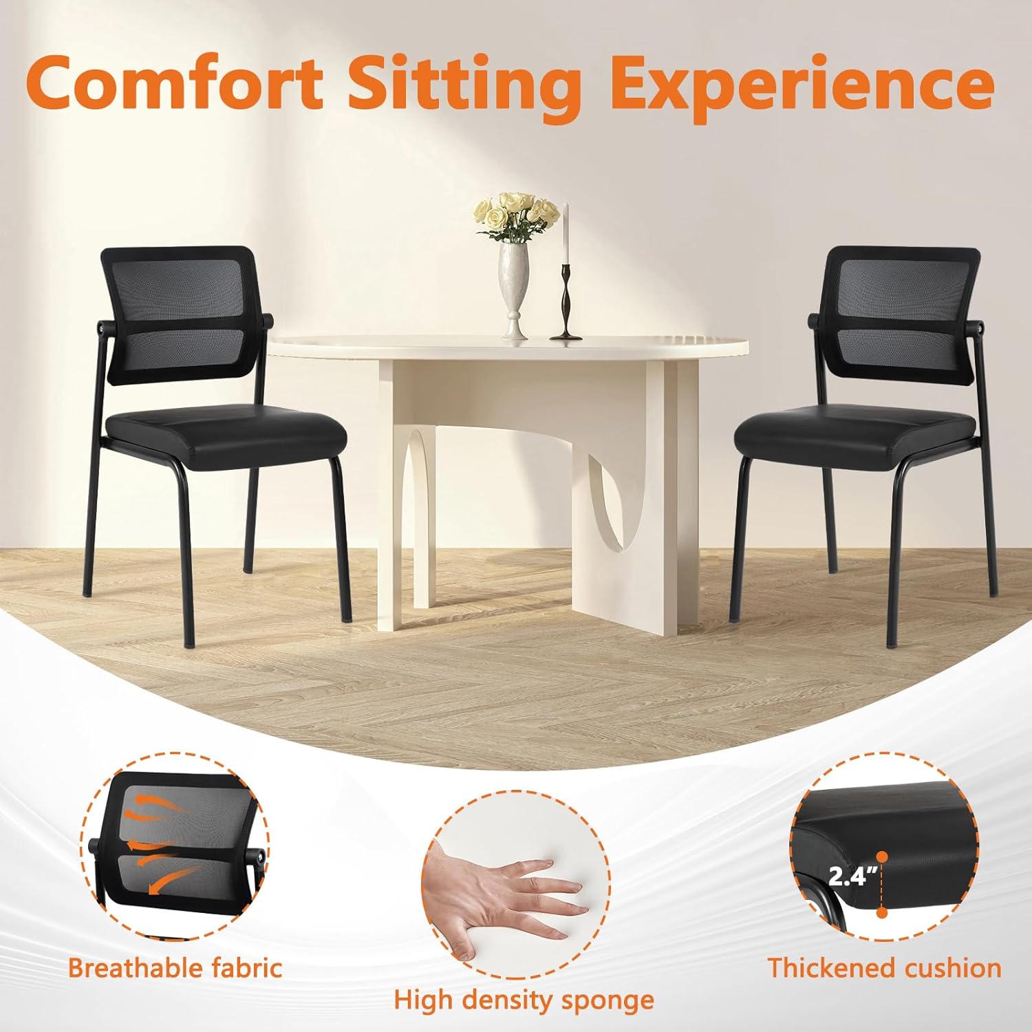 CLATINA Stackable Waiting Room Chair with Adjustable Mesh Backrest, Armless Office Guest Reception Chairs with Leather Cushion and Ergonomic Lumbar Support for Conference Lobby Side School, Black