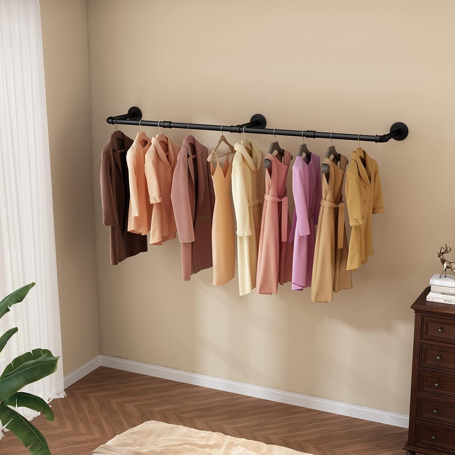 Wall Mounted Clothes Rack 52.6in, Industrial Pipe Clothing Racks Wall Mount, Heavy Duty Detachable Iron Garment Bar, Saving Space, Multi-Purpose Hanging Rod for Bedroom, Laundry Room, 2 Packs