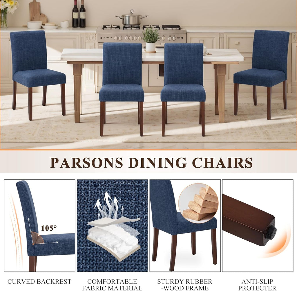 Upholstered Parsons Dining Chairs Set of 4, Modern Dining Room Chairs with Back, Fabric Kitchen Side Chairs with Wood Legs for Dinner Farmhouse Restaurant, Blue