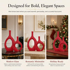 Dark Red Unique Hollow Bud Vases Set of 2,Modern Snuggle and Huging Style Ceramic Vase for Pampas Grass,Living Room Decorations for Fireplace,Coffee Table Centerpiece,Mantle,Bookshelf Decor