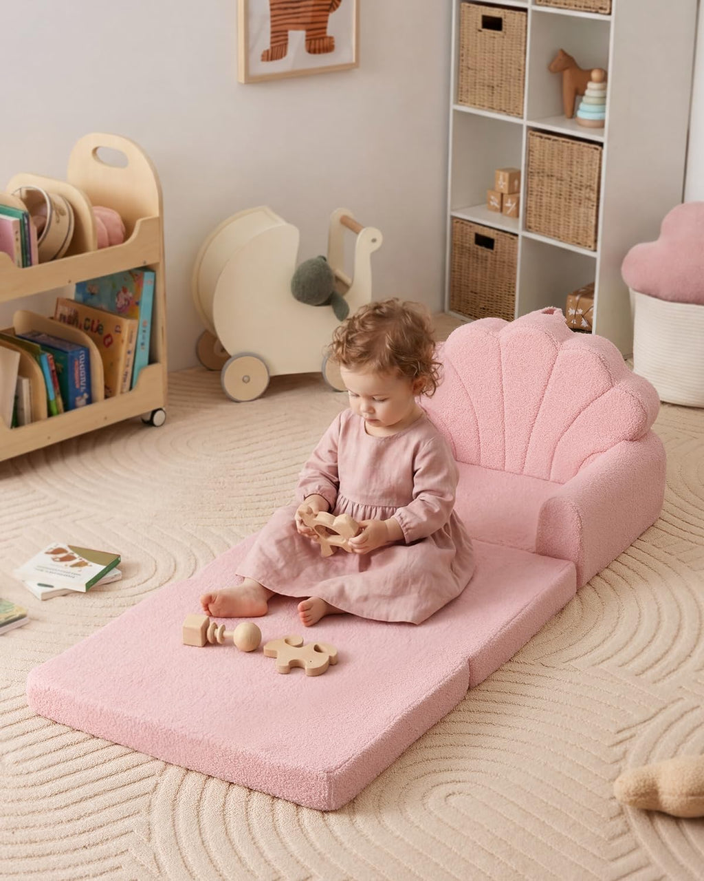 Blissful Diary Kids Couch, 2-in-1 Soft Fold Out Kids Couch, Kids Sofa Chair, Comfy Kids Furniture for Playroom, Reading & Play, Pink Shell
