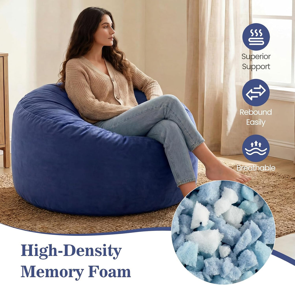 ACH Bean Bag Chair for Adults and Teens - 3ft Memory Foam Floor Chair, Perfect for Dorms, Gaming & Relaxing, Machine Washable Velvet Cover (Blue-Medium)