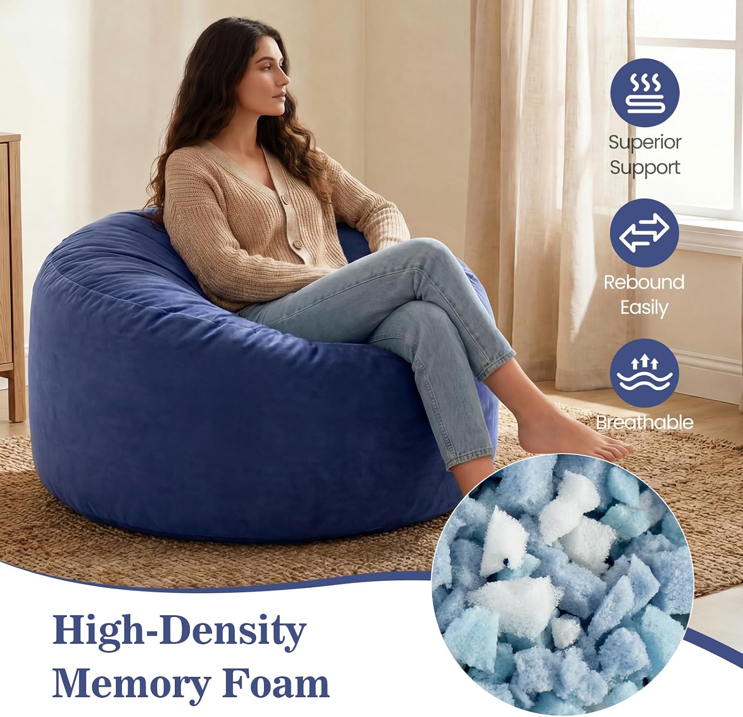 ACH Bean Bag Chair for Adults and Teens - 3ft Memory Foam Floor Chair, Perfect for Dorms, Gaming & Relaxing, Machine Washable Velvet Cover (Blue-Medium)