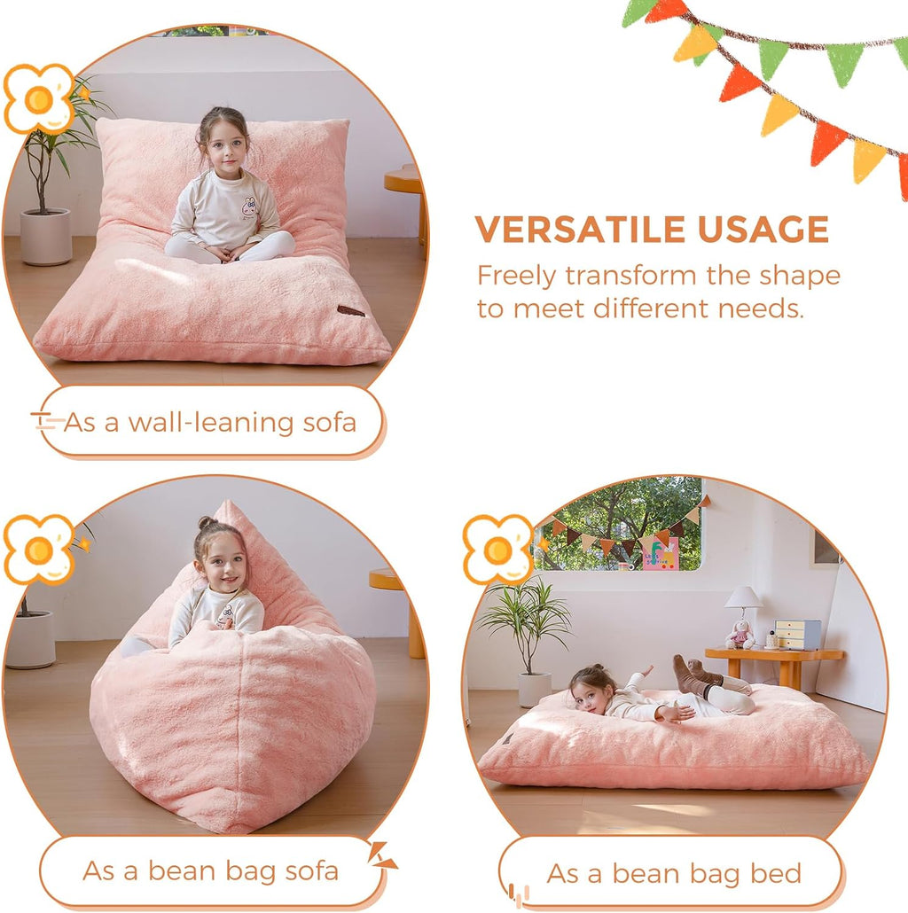 MAXYOYO 3 in 1 Kids Bean Bag Chair, Comfy Floor Sofa with Removed Cover | Soft Floor Couch with High-Density Foam Filling Convertible Child Chair Floor Cushion for Living Room Bedroom, Pink