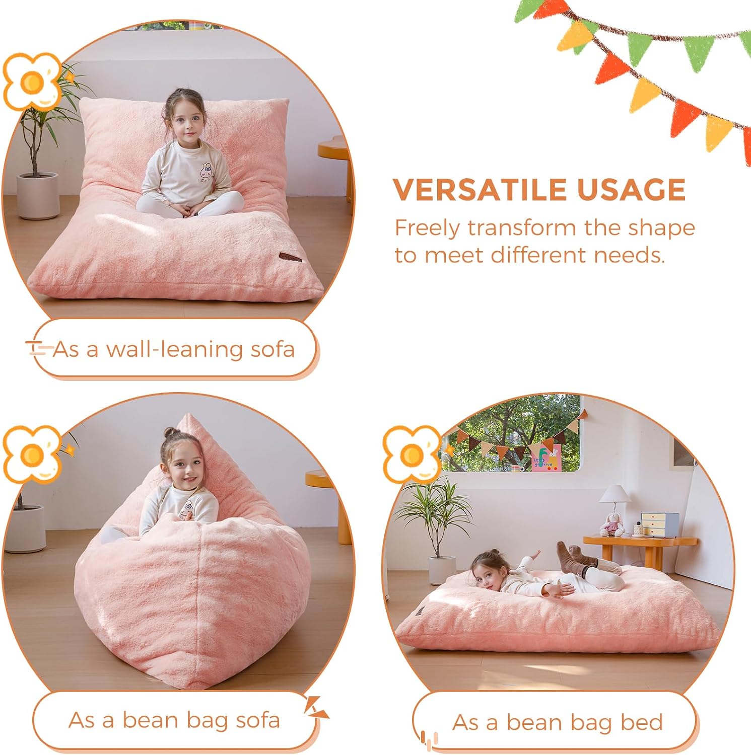 MAXYOYO 3 in 1 Kids Bean Bag Chair, Comfy Floor Sofa with Removed Cover | Soft Floor Couch with High-Density Foam Filling Convertible Child Chair Floor Cushion for Living Room Bedroom, Pink