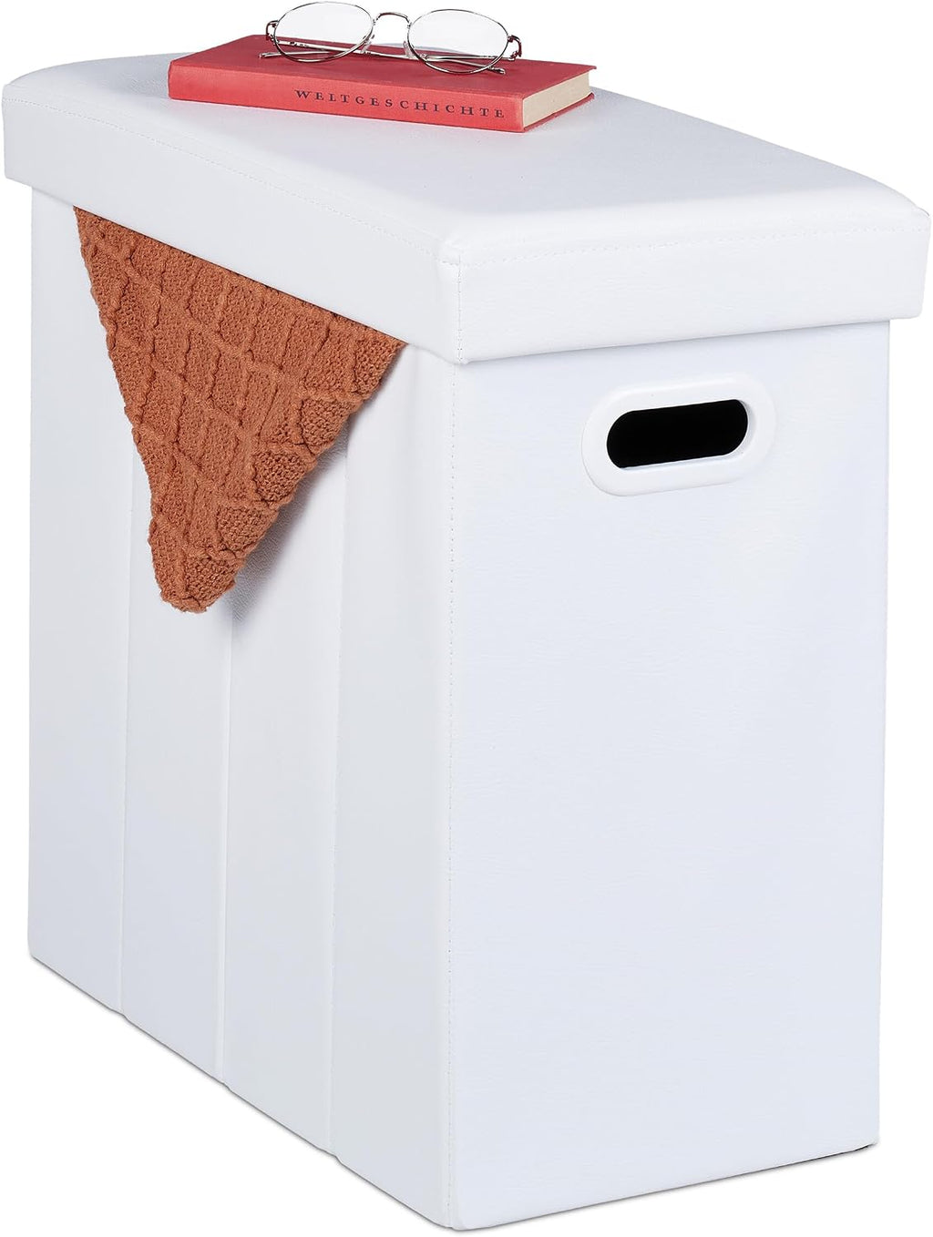 Relaxdays Stool with Storage Space, Imitation Leather, Upholstered, Foldable, Living Room, HWD: 49 x 48.5 x 27 cm, White, Fibreboard