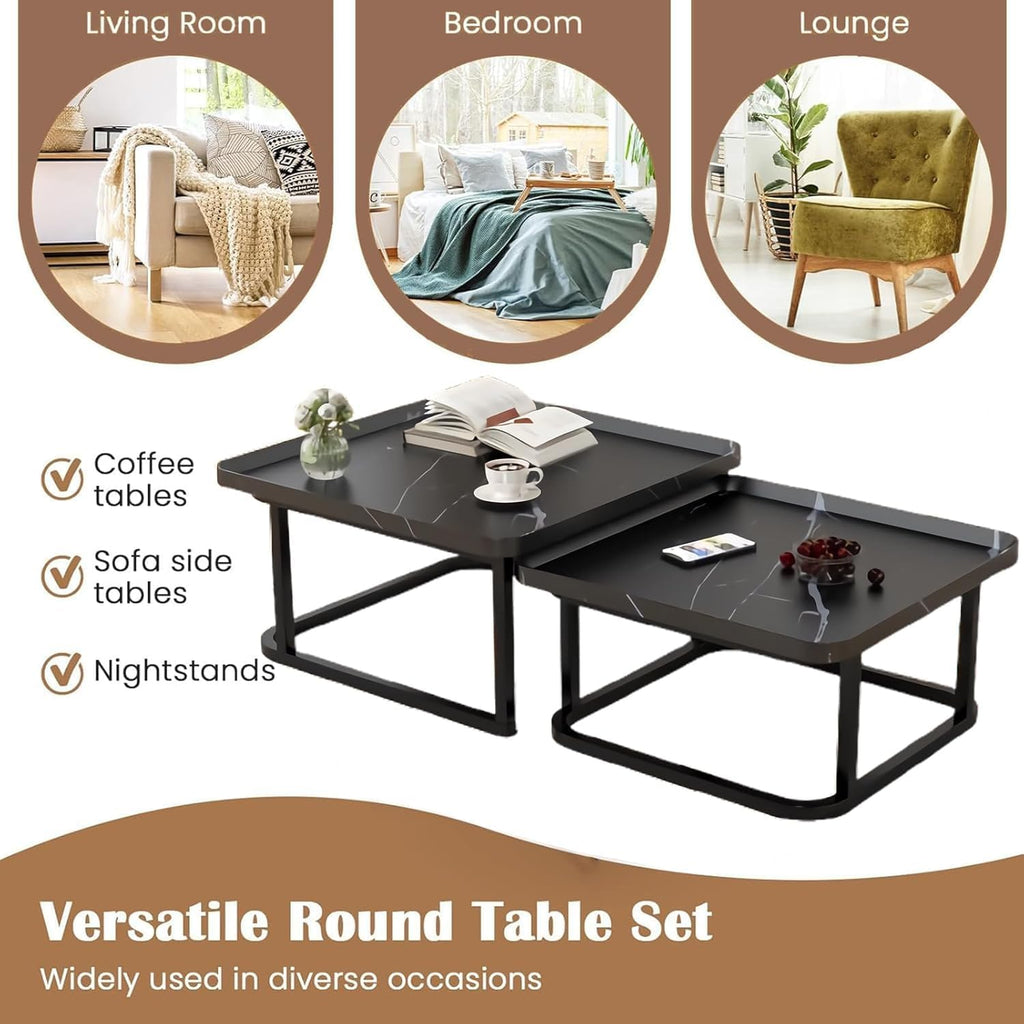 Nesting Coffee Table Set of 2, 23.6"+19.7" Nesting Tables,Small Square Coffee Table with Fluted,Center Table for Living Room Bedroom Office Balcony Yard (Black)