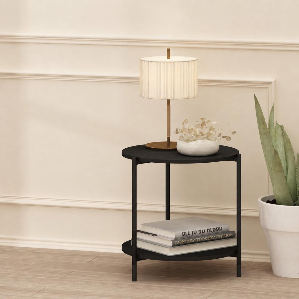 Furinno Besi 2-Tier Wide Round Side Table with Metal Legs, Metal Black End Table, Night Stand, Bedside Table with Open Shelf, for Living Room, Bedroom, Dark Americano