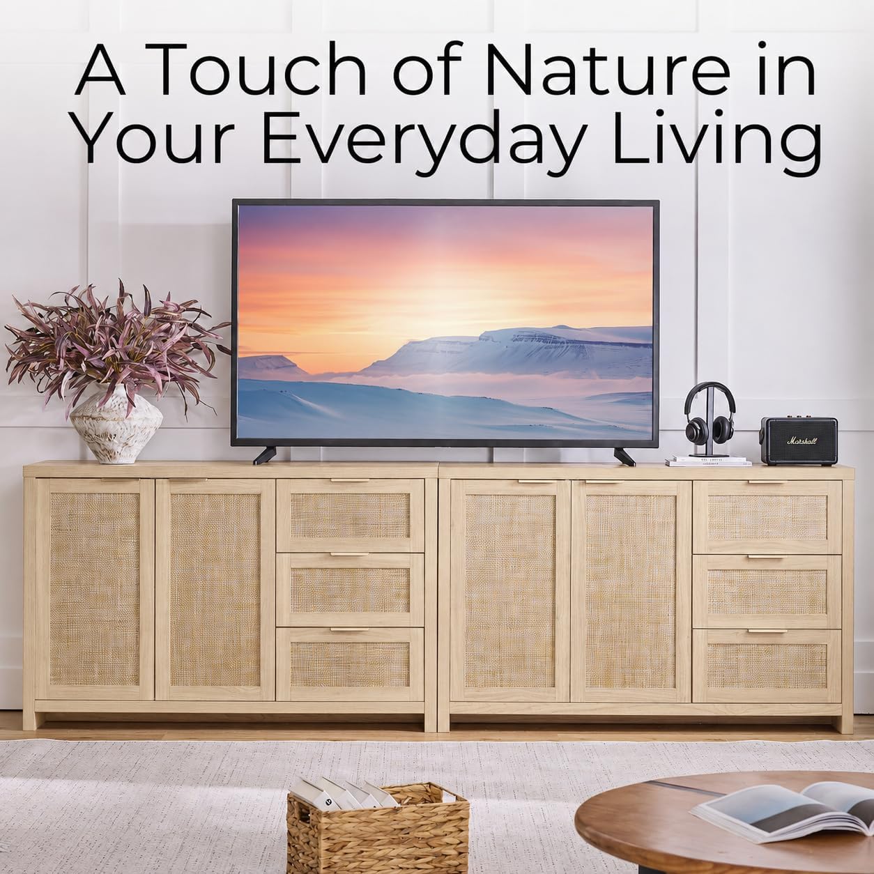 OAKHAM HOME Rattan Sideboard Buffet Cabinet with Storage Storage Credenza with 3 Drawers and 2 Doors, Accent Console Table for Living Room, Hallway or Kitchen Light Weathered Oak