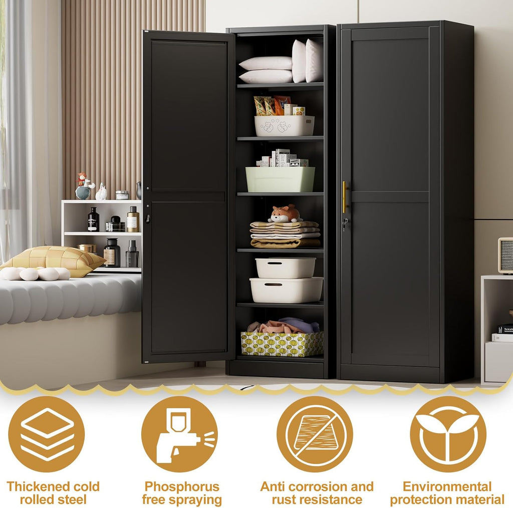 Tall Narrow Slim Metal Storage Cabinet with Lock and 5 Adjustable Shelves,Steel File Cabinets,Kitchen Pantry Cabinet Locker Organizer - 67" Storage Cabinets for Bathroom,Bedroom,Office,Black