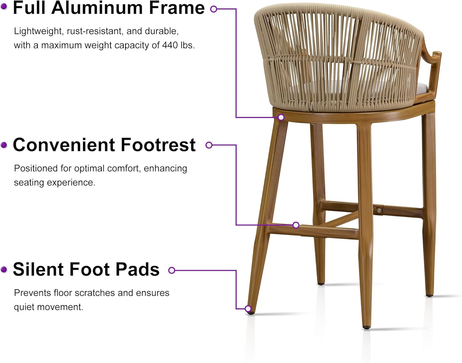 PURPLE LEAF Patio Bar Stools Set of 2 Outdoor Wicker Modern High Bar Chairs Metal Cushioned Barstools with Backs and Ergonomic Armrest for Balcony Garden Indoor Kitchen Island, Teak
