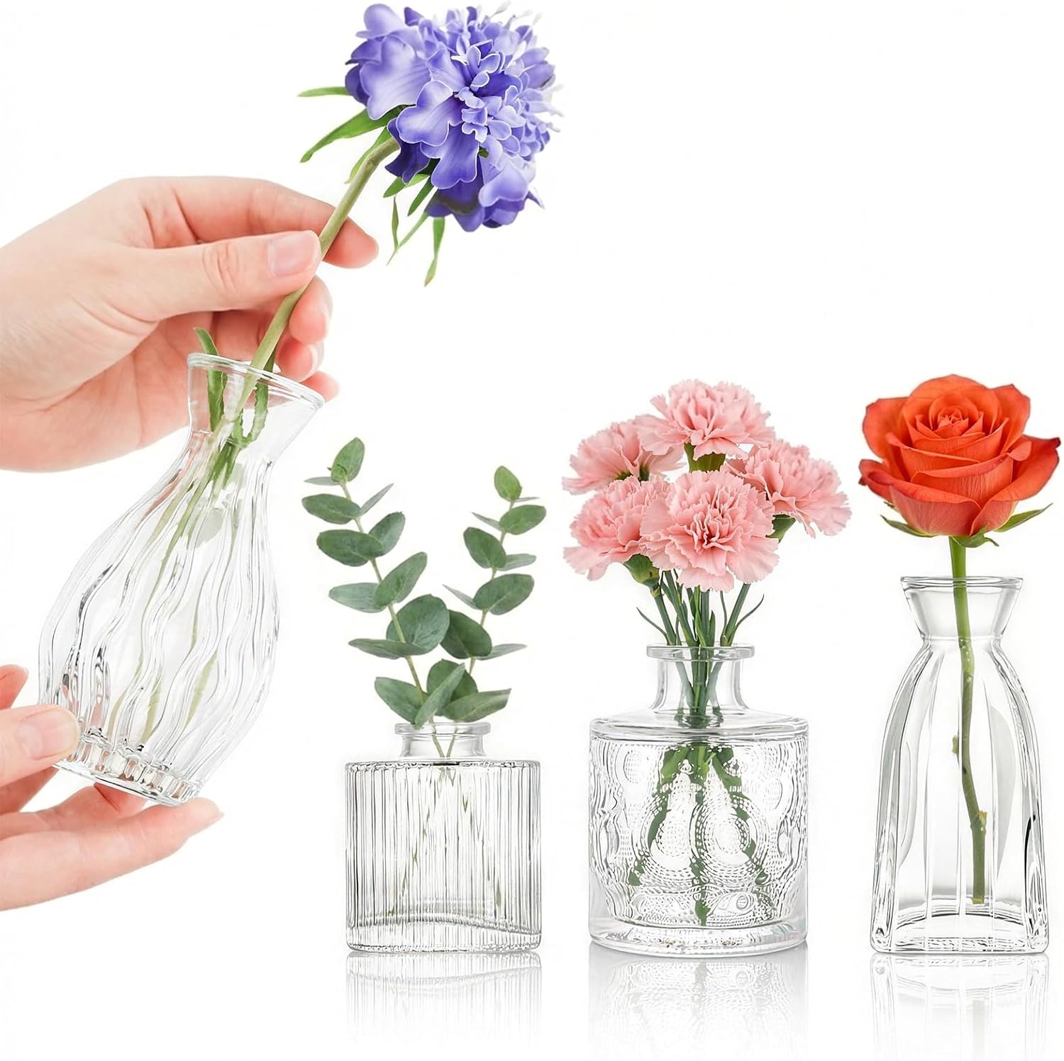 Glass Bud Vases Set of 4, 4 Sizes of Small Flower Vase for Party or Home Table Decorations
