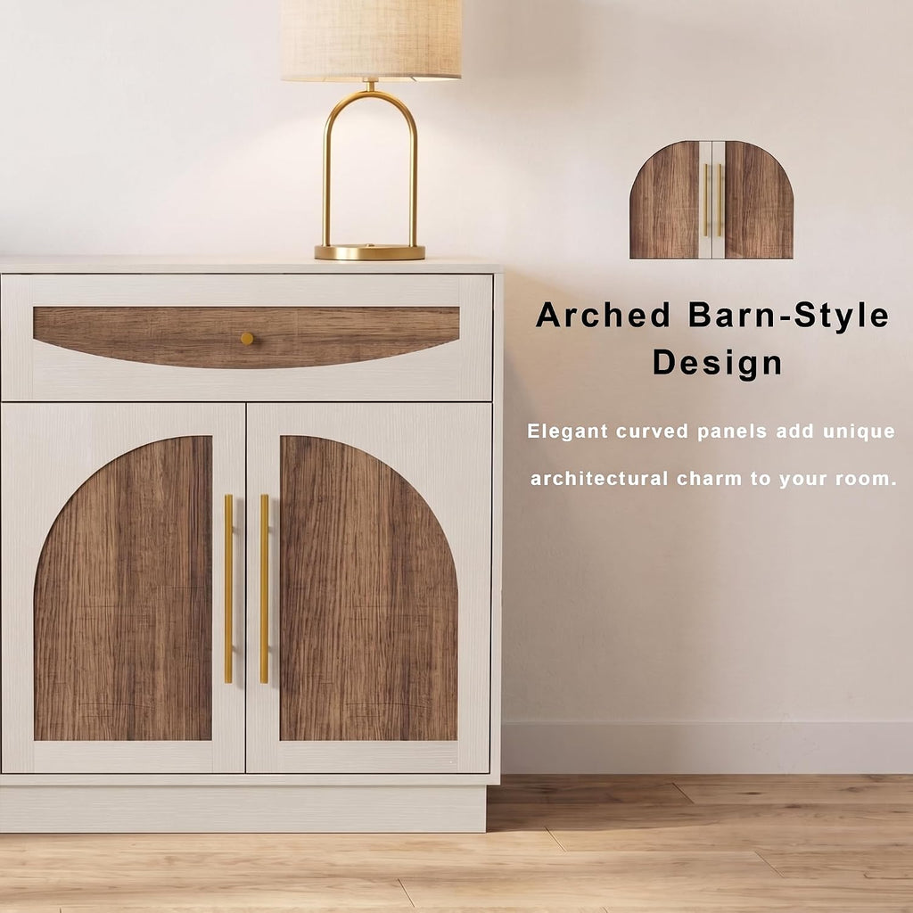 63'' Arched Door Sideboard Buffet Cabinet with Drawers, White and Natural | Modern Farmhouse, Two-tone, Removable Shelves, Metal Handle, Large Storage Space, Wooden Storage Cabinet, Coffee Bar Station