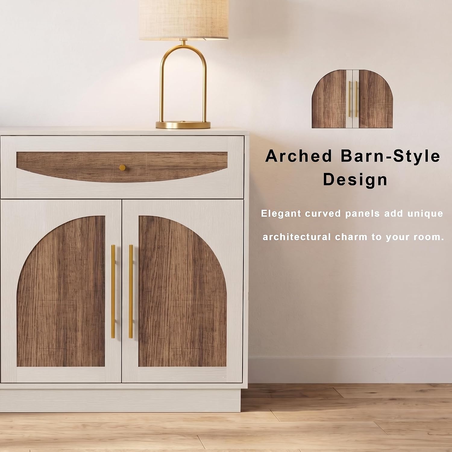 63'' Arched Door Sideboard Buffet Cabinet with Drawers, White and Natural | Modern Farmhouse, Two-tone, Removable Shelves, Metal Handle, Large Storage Space, Wooden Storage Cabinet, Coffee Bar Station