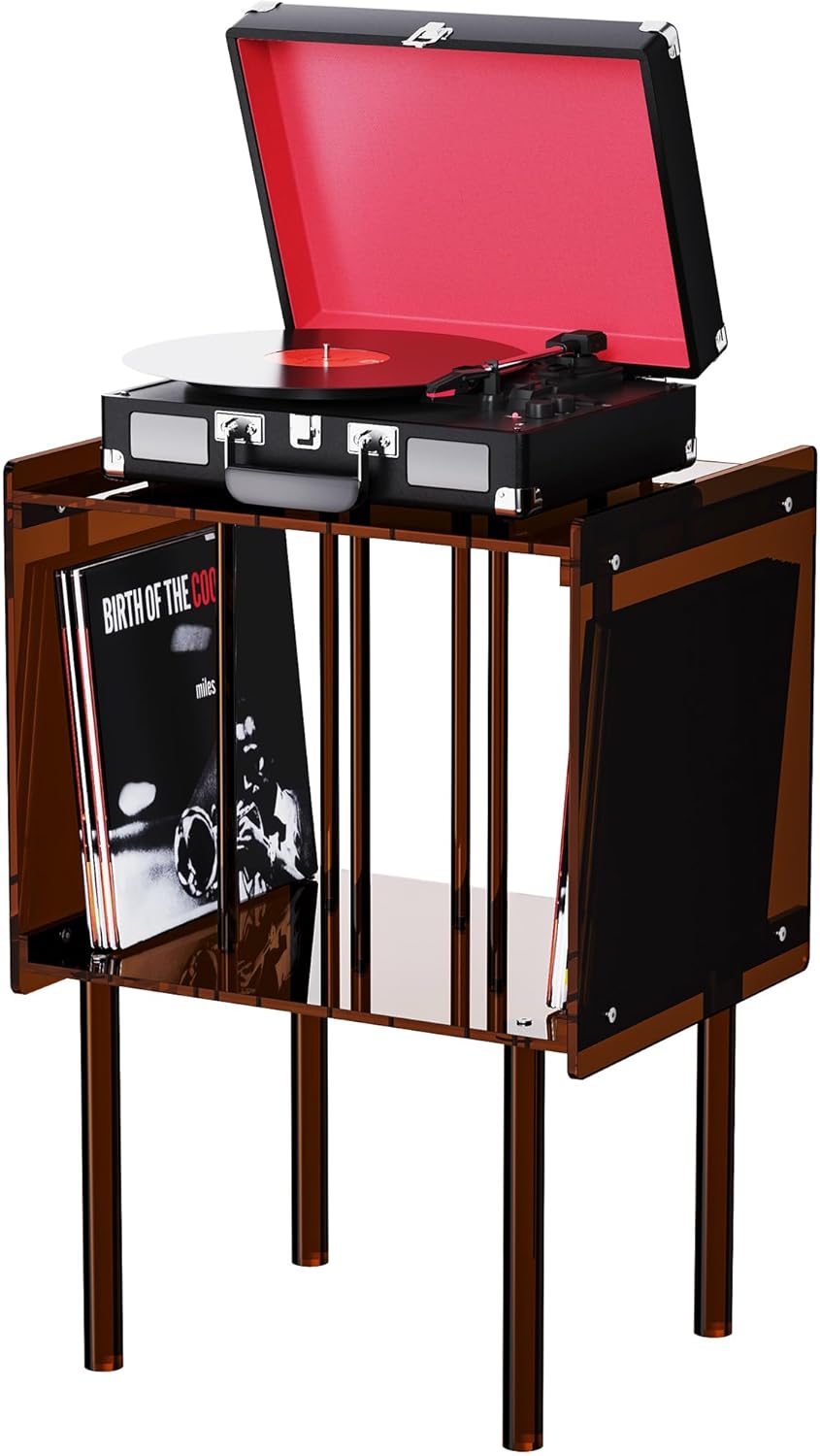 Acrylic Record Player Stand, with Vinyl Storage, Clear Acrylic Side Table, 18.1'' x 14.6'' x 26.1'' (Dark Brown)