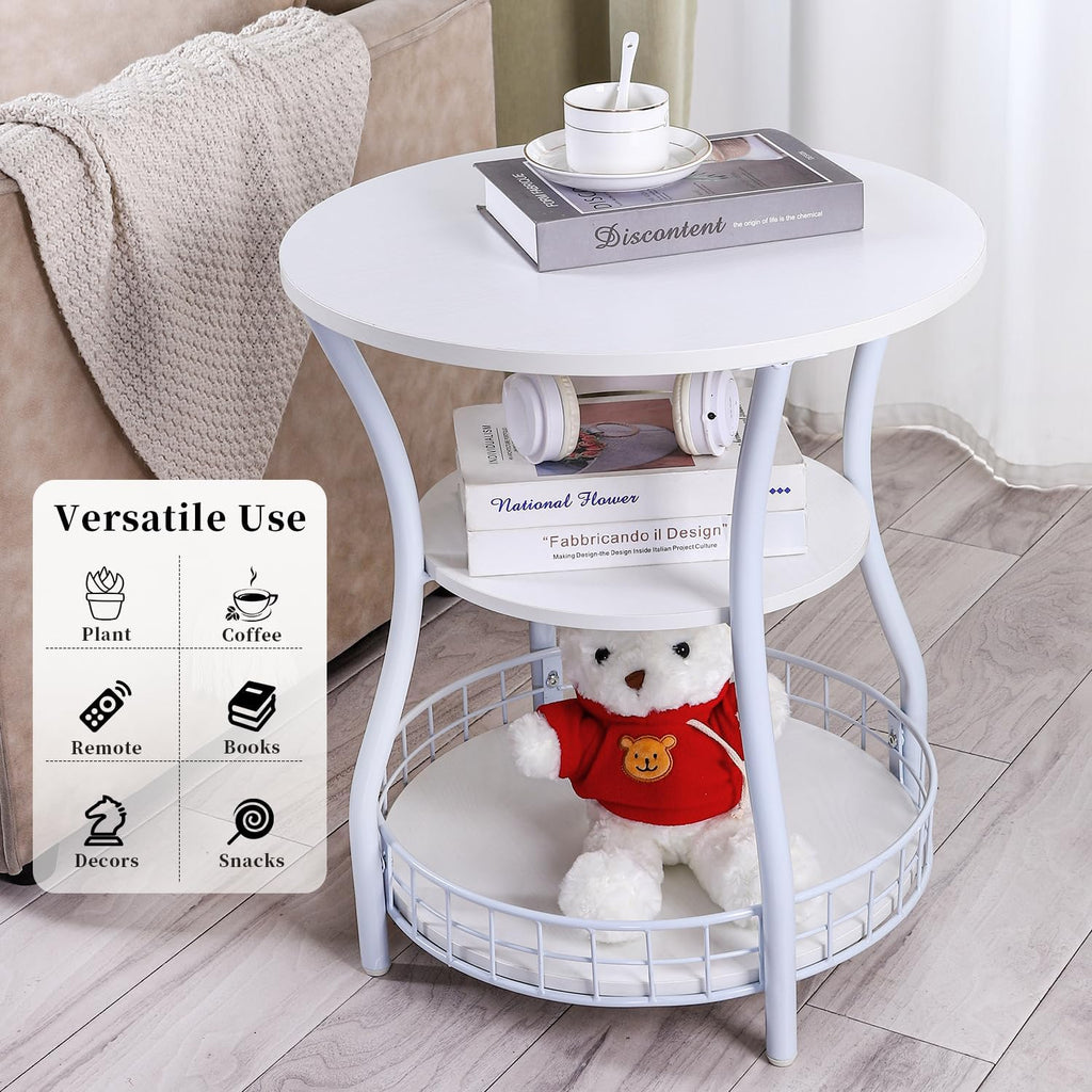 Round Side Table, 3-Tier Circular End Table with Storage Shelf,White Accent Sofa Table for Small Spaces,Round Corner Coffee Table for Living Room, Bedroom,19.6 inch Diameter