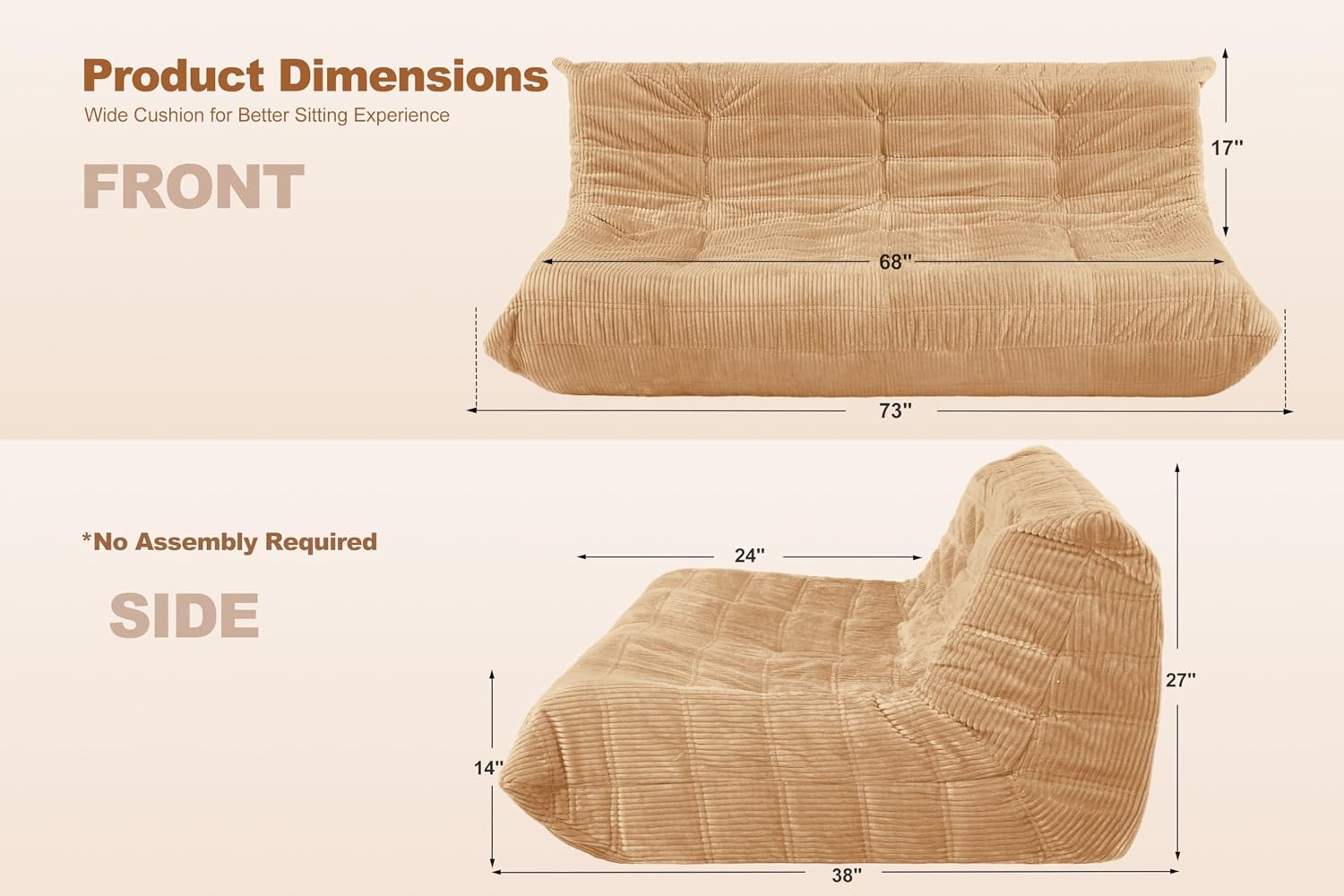 Bean Bag Chair,Giant Beanbag Chairs for Adults,Comfy Large Fireside Chair Lazy Sofa,Corduroy Bean Bag Lounger with Memory Foam Filled,Floor Sofa Couch for Home,Living Room (Khaki, 3-Seater)