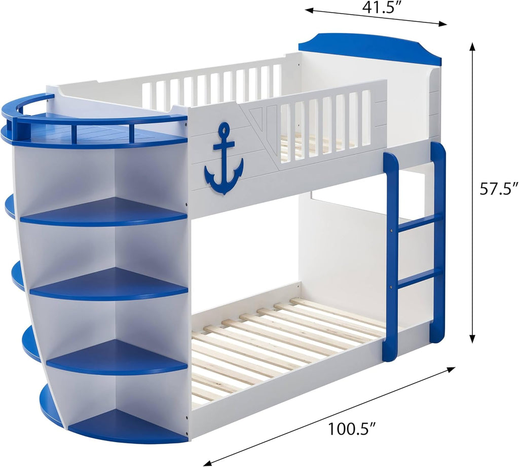 Sky Blue and White Twin,Twin Boat Shaped Bunk Bed