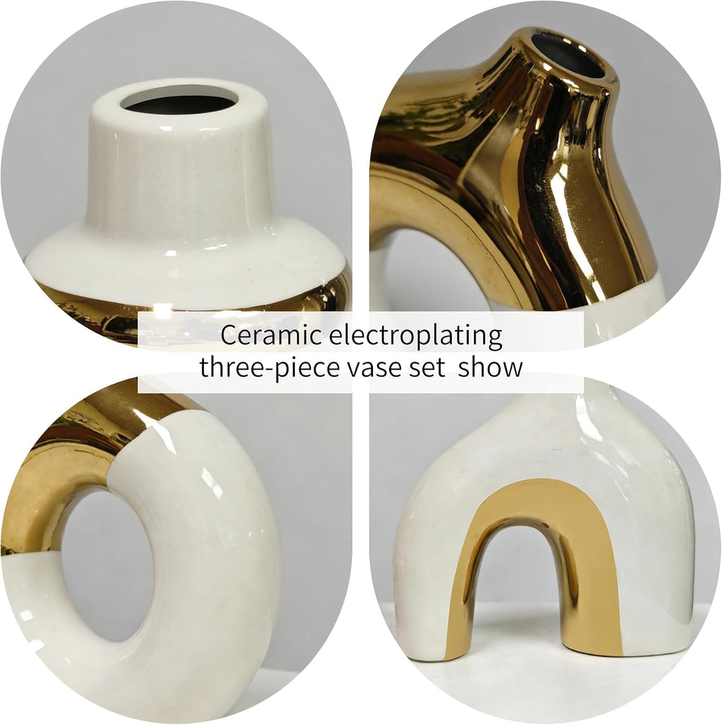 Modern Ceramic Decorative Vase Set of 3 – Minimalist Sculptural Vases for Living Room, Shelf & Table Decor, Nordic Donut Vase Set for Contemporary Home Decor (White and Gold)