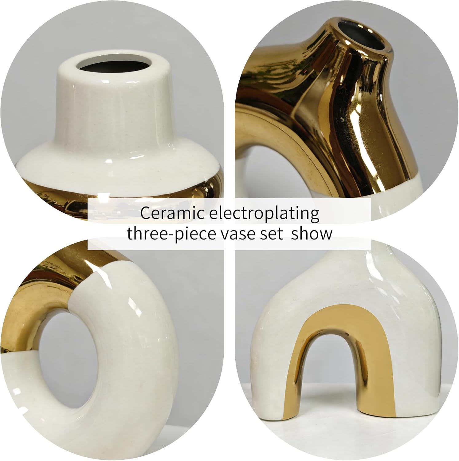 Modern Ceramic Decorative Vase Set of 3 – Minimalist Sculptural Vases for Living Room, Shelf & Table Decor, Nordic Donut Vase Set for Contemporary Home Decor (White and Gold)