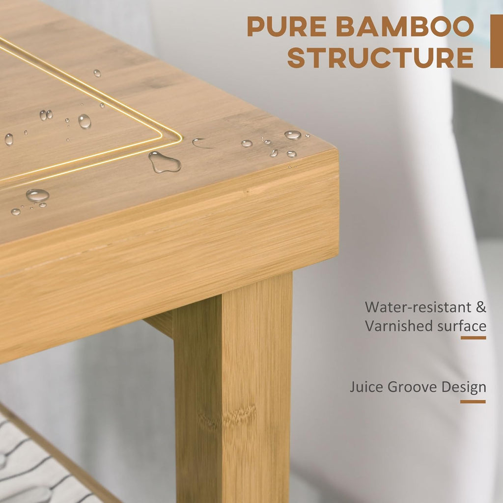HOMCOM Bamboo Kitchen Island on Wheels, Utility Trolley Cart with 2 Storage Drawers, Butcher Block Cart with Open Shelves, Bamboo Tone
