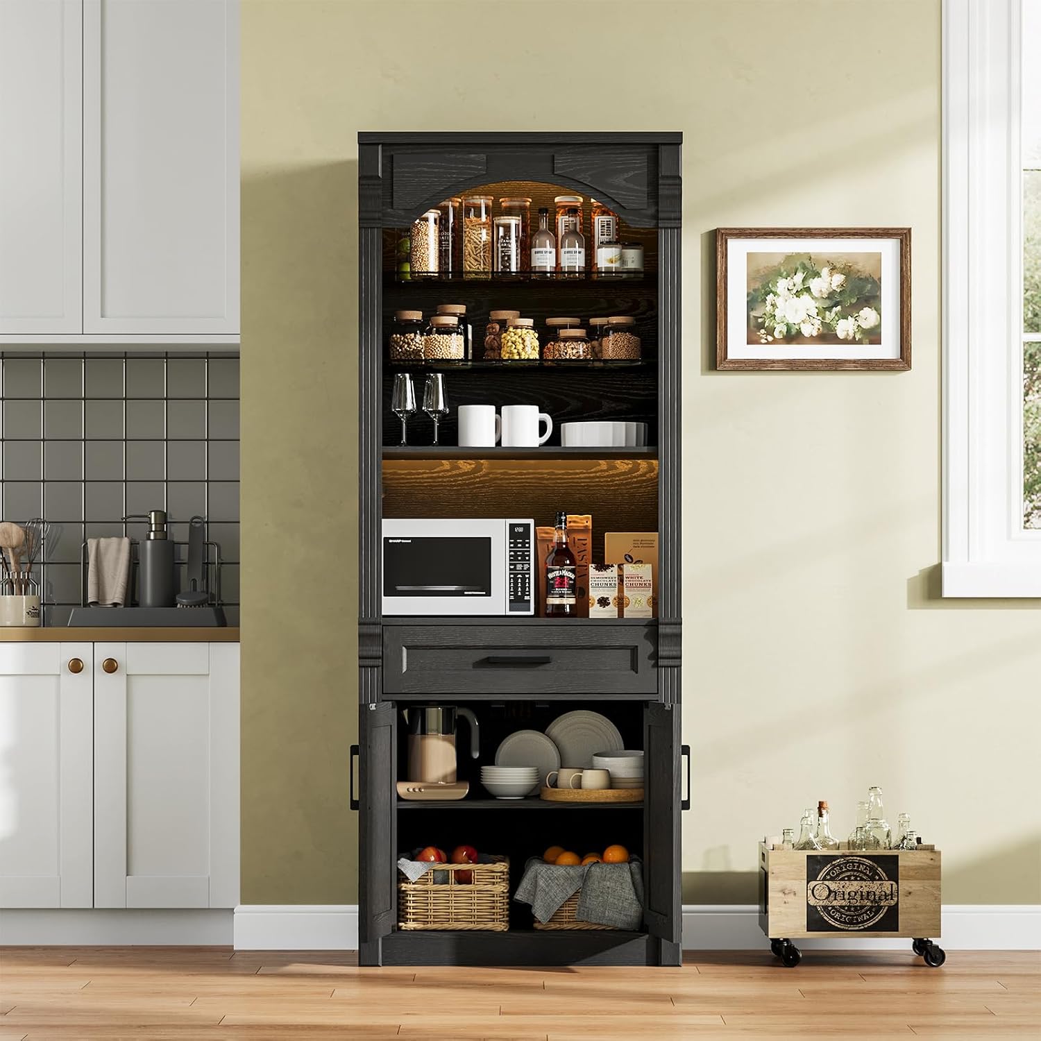 Rresyet 70.9" Tall Kitchen Pantry Storage Cabinet, Modern Kitchen Hutch Bar Cabinet with Lights, Freestanding Food Pantry with Adjustable Shelves and Drawer (Black)