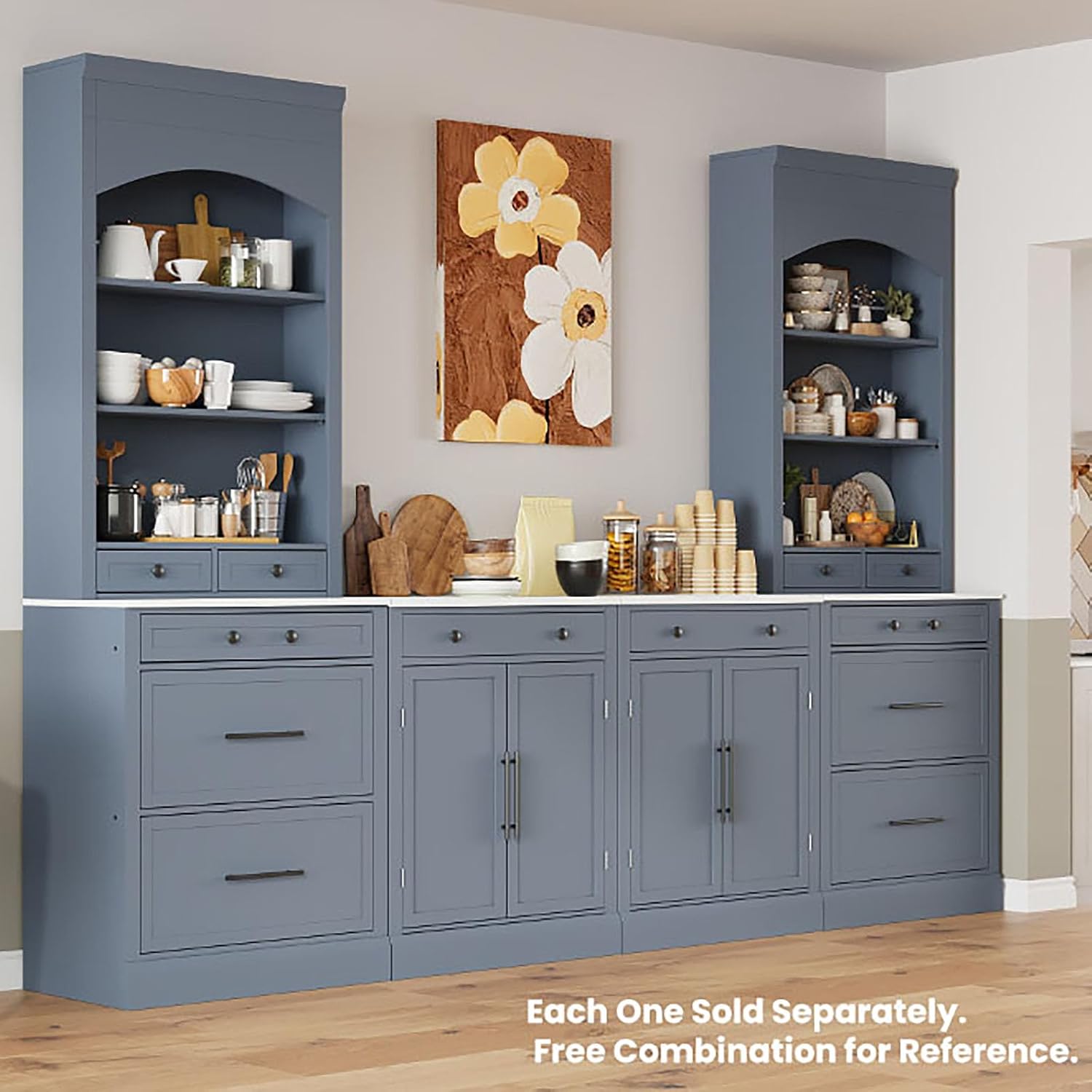 Modern Freestanding Kitchen Pantry,Buffet Food Storage, Coffee Bar Cabinet with Drawer, 2 Adjustable Shelves and 2 Door Shelves for Dining, Kitchen Gray