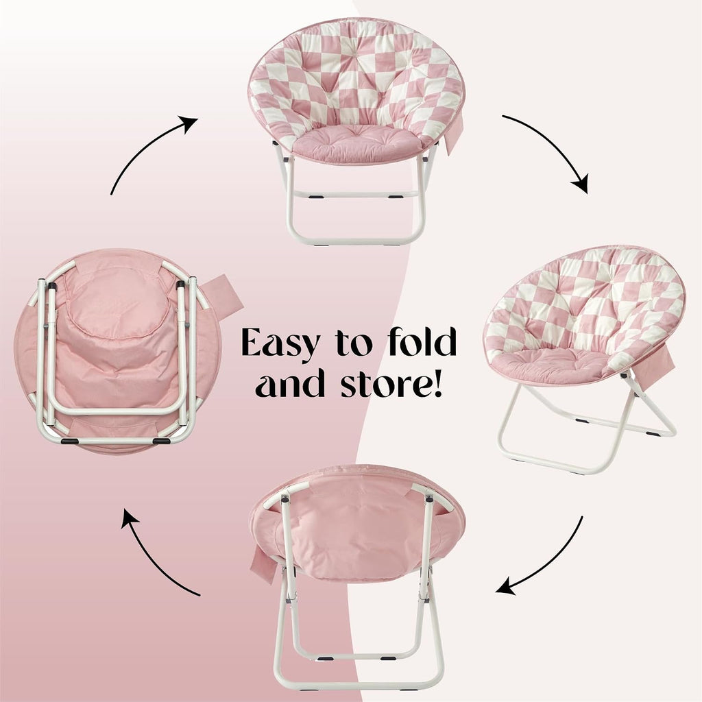 Urban Lifestyle Printed Back Micromink Saucer™ Chair with White Legs and Side Storage Pocket, Pink and White Check
